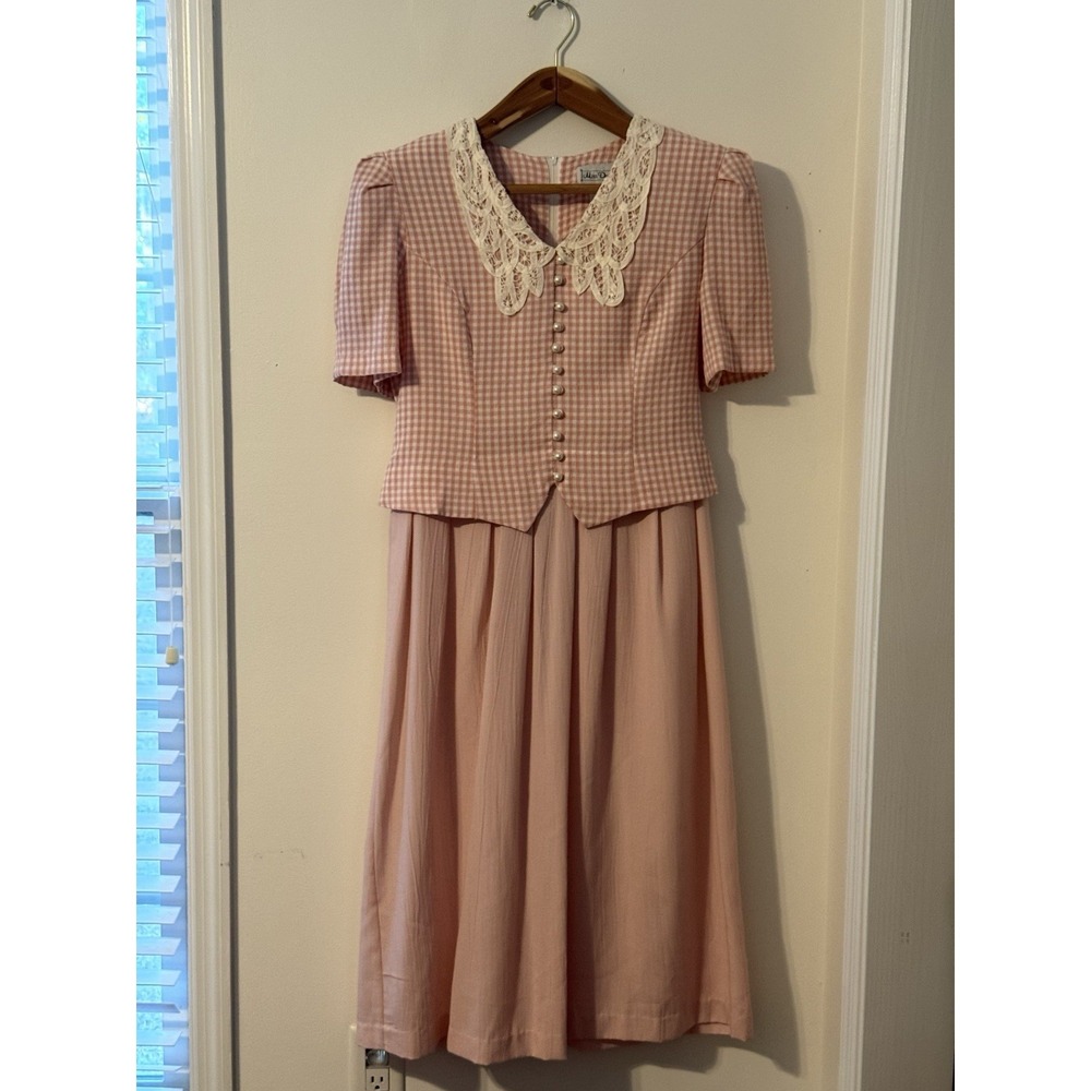 VTG Miss Dorby pink Gingham Dress 12 lace Collar Midi Cottage Grandma chic 90s